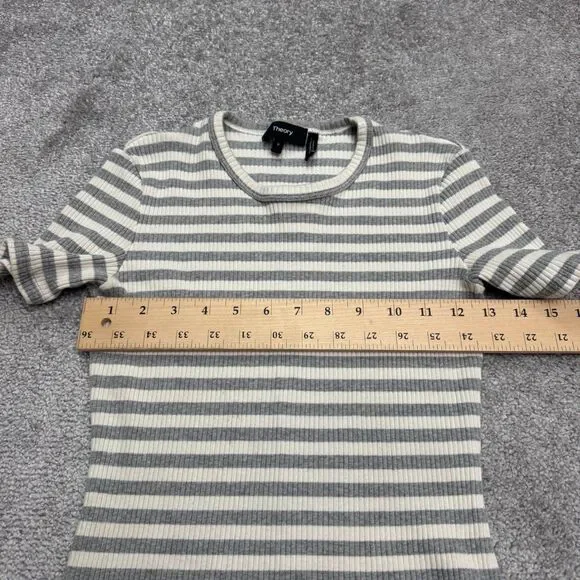 Theory Ribbed Knit Bodycon Midi Dress Womens XSP Gray White Striped Crew Neck - Picture 13 of 14